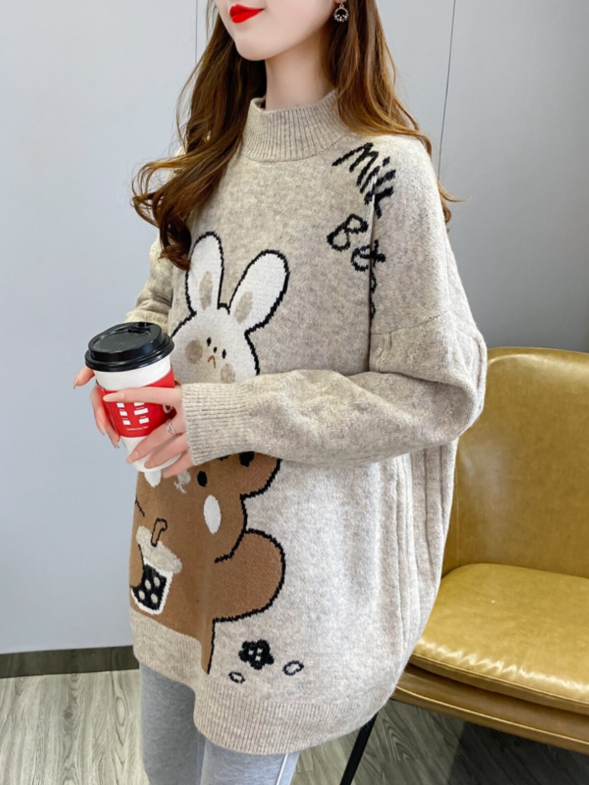 2024 가을 겨울 출산 스웨터 중간 길이 높은 칼라 외부 착용 두꺼운 탑 여성 패션 정장 겨울 BOTTOMING 셔츠