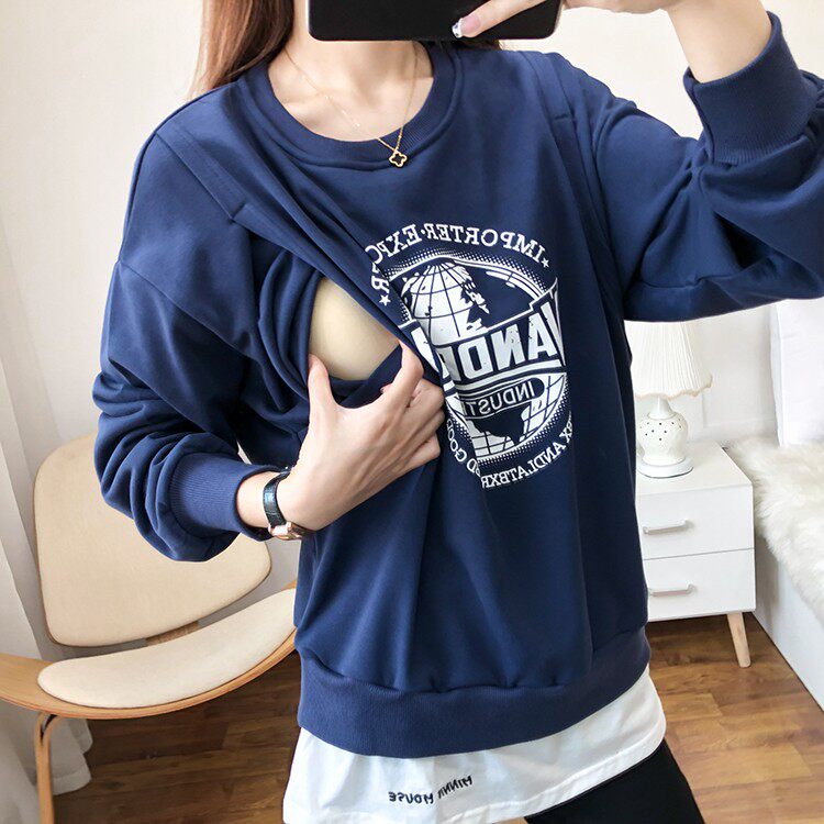 새 수유복 봄 가을 외출용 긴팔 스웨트 셔츠 순면 루즈 페이크 투피스 수유복 바닥 셔츠 가을