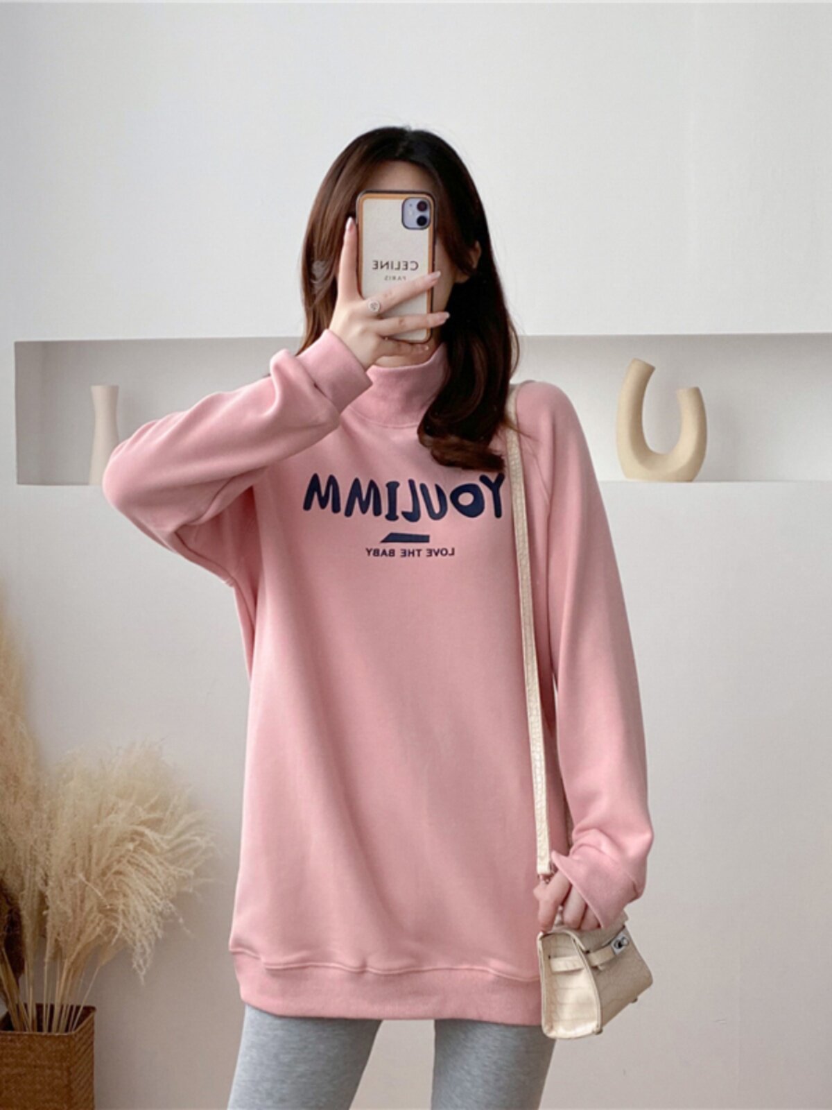 간호 의류 새로운 느슨한 가을 겨울 벨벳 두꺼운 스웨터 순수 코튼 산후 중간 길이 간호 탑 하이 칼라 바닥 셔츠