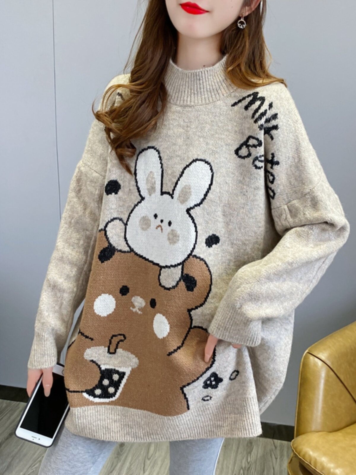 2024 가을 겨울 출산 스웨터 중간 길이 높은 칼라 외부 착용 두꺼운 탑 여성 패션 정장 겨울 BOTTOMING 셔츠