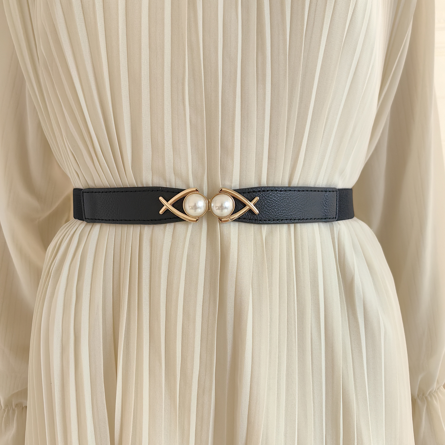 新款珍珠对扣松紧细腰带弹力百搭