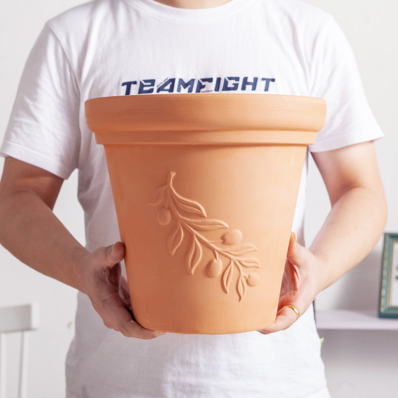 北欧罗马红陶花盆兰花盆大口径浮雕香草陶土粗陶盆吸水透气陶瓷盆