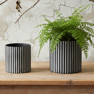 新中式条纹陶土花盆黑色圆筒透气粗陶多肉鲜花简约直身陶瓷大口径