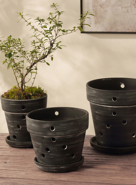 侘寂风黑色多孔花盆蝴蝶兰花盆器庭院阳台绿植物透气粗陶盆带托盘