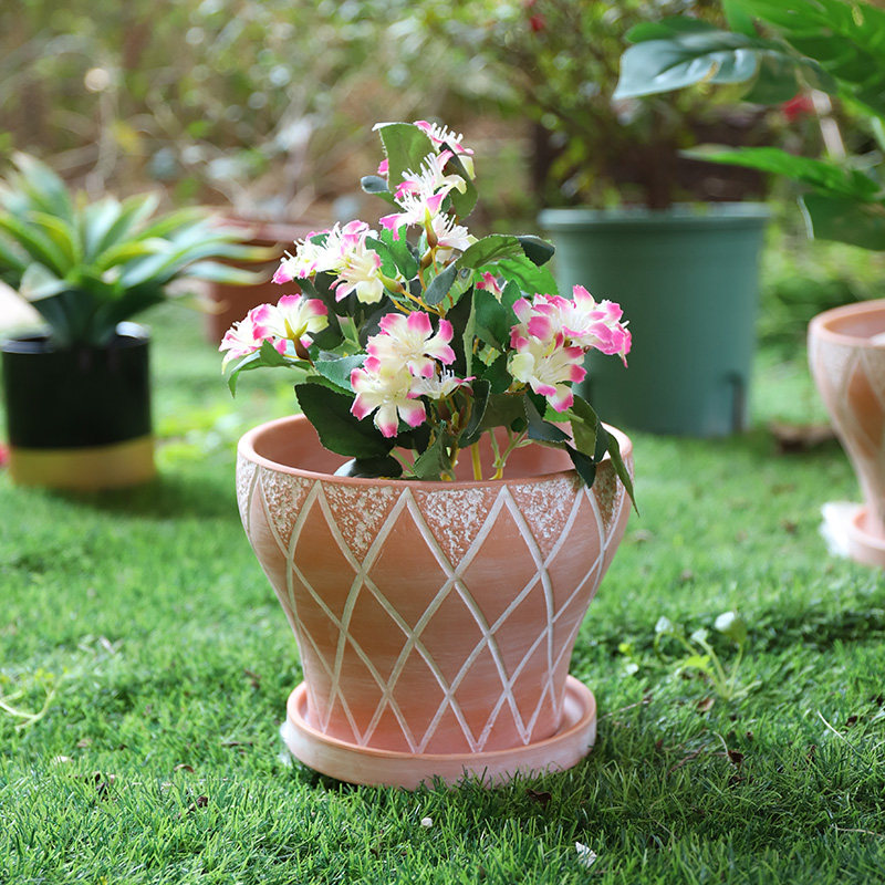 复古做旧红陶花盆浮雕花园鲜花多肉绿植粗陶土盆花器透气透水陶瓷