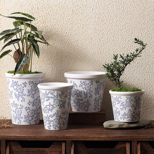 新中式仿古青花陶土花盆室内大口径兰花盆家居厚边瘦高盆花卉绿植