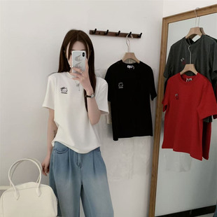 红色短袖女t恤纯棉2026新款正肩宽松春季白色磨毛小个子圆领打底