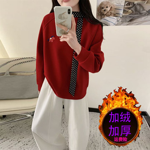 红色卫衣女冬季加绒加厚高级感宽松慵懒风圆领新年冬季初中生胖mm