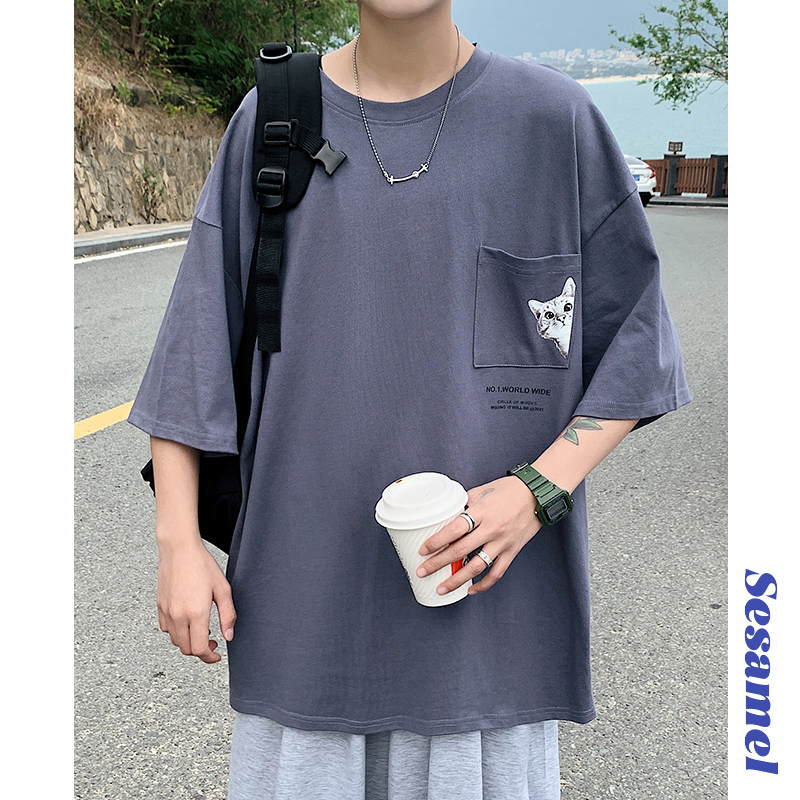 220g cotton lovers pocket cat print short sleeve t-shirt men's neutral round neck T-shirt