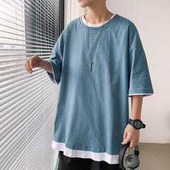 Summer new round neck short sleeve loose t-shirt men's fake two short lovers big size