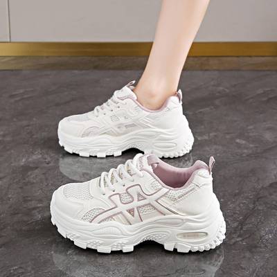 白色老爹鞋女款2025新款秋季网面厚底增高运动鞋减震防滑松糕女鞋