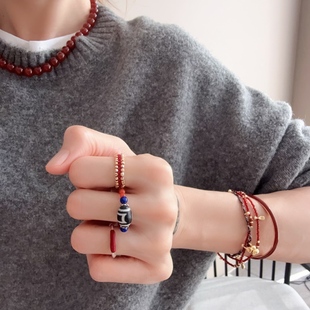 新年红色戒指小指环纯银天然石珠珠指圈红绳