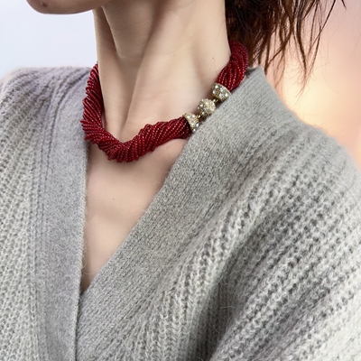 复古多层红色项链串珠高级感贵族vintage中古风饰品珠串