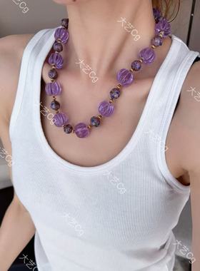 紫色珠串项链琉璃陶瓷小众项链气质复古高级感新中式颈链