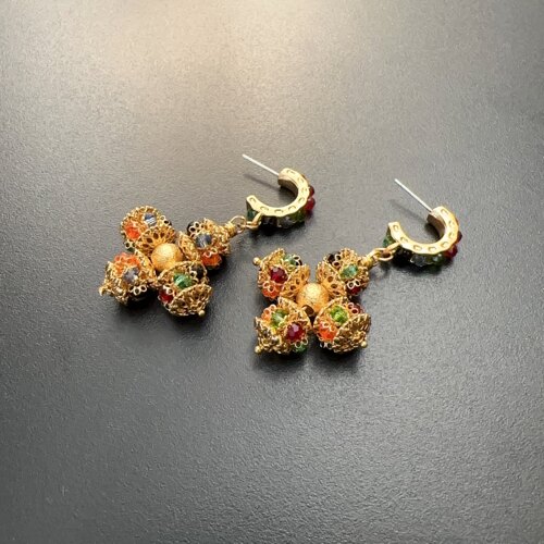 彩色复古耳环金色多彩水晶vintage耳饰925银针宫廷中古风