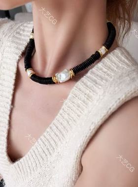 度假风项链复古椰壳珍珠颈链小众高级感棕黑色珠串配饰