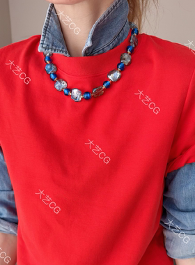 蓝色复古风项链小众高级感不规则珠串颈链