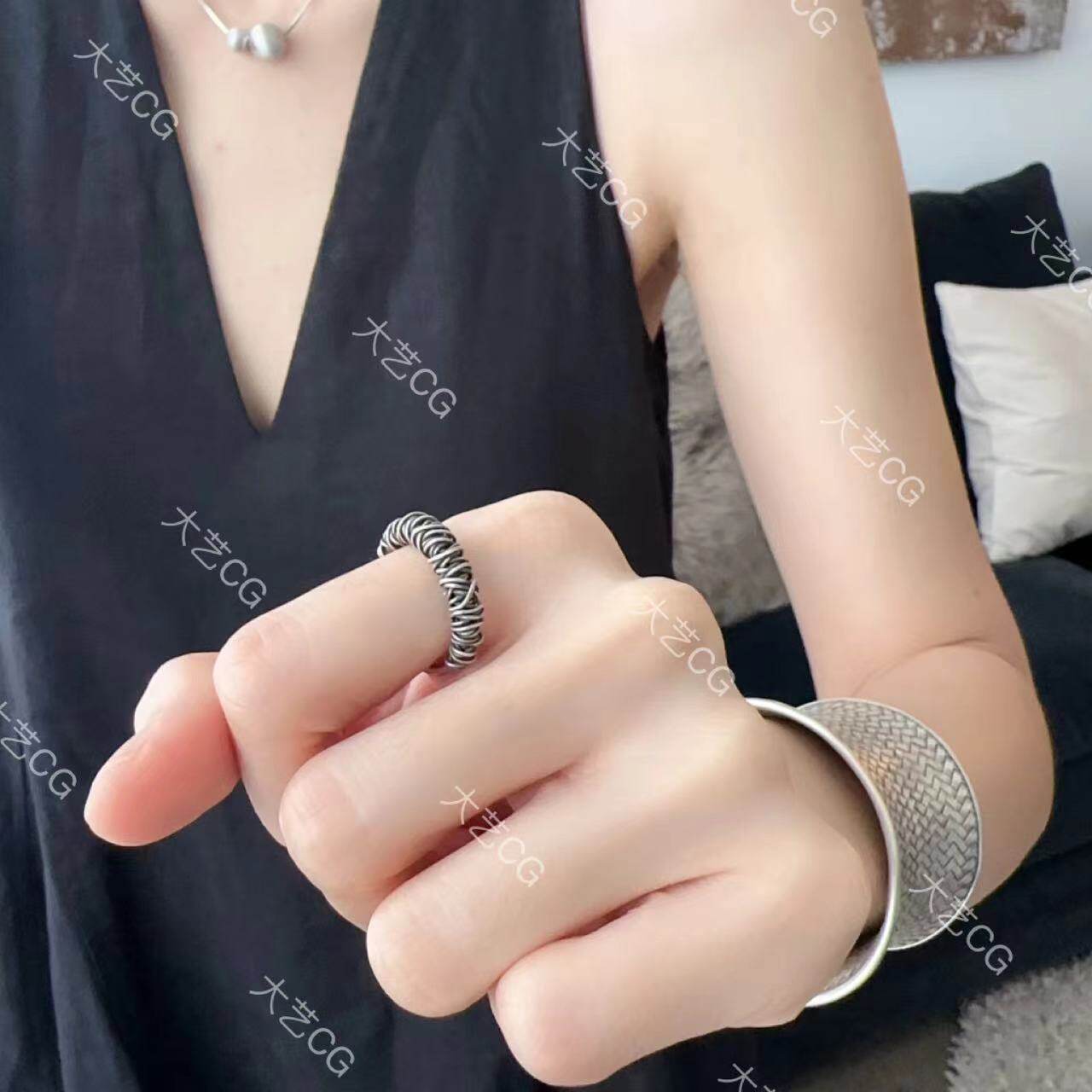 小众纯银戒指做旧指环开口可调节编织纹手工925银饰绕丝个性