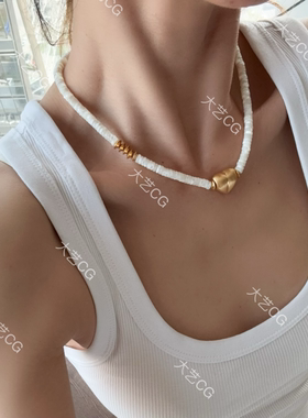 白色珠串项链夏日复古风贝母颈链桃心链海边度假风