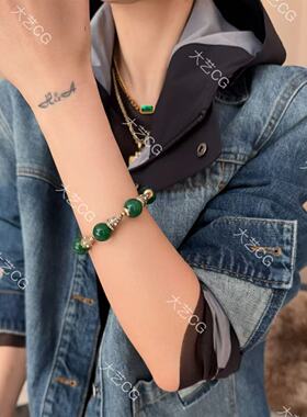 高级感绿色珠串手链玛瑙新中式复古风弹力手镯串珠