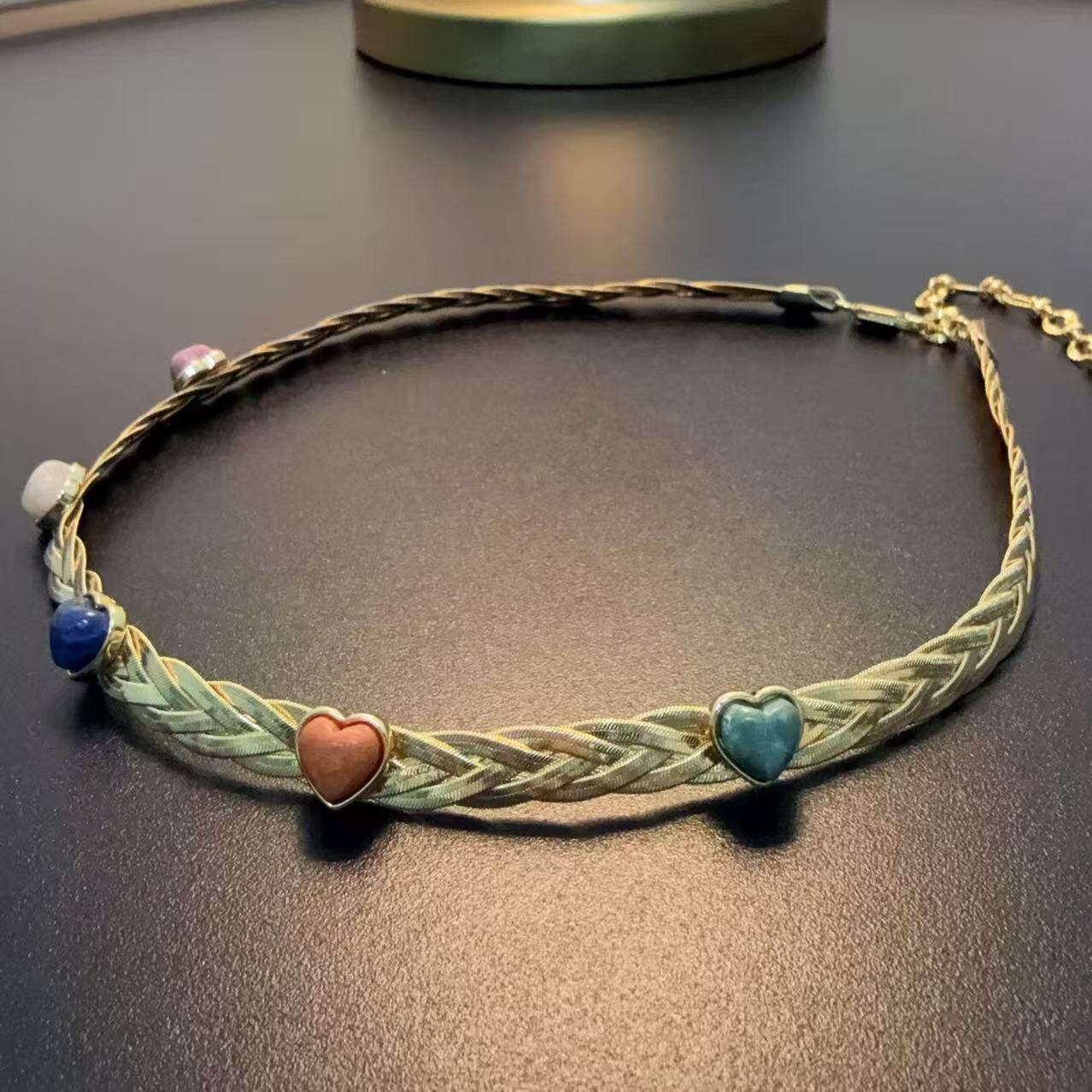 桃心项链天然石彩色麻花复古项链