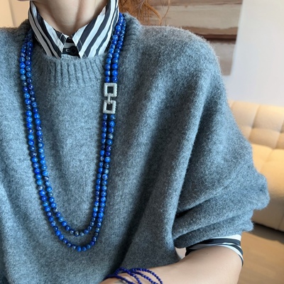 青金石项链花珠子毛衣链长项链蓝色多种搭配法长短珠串国风复古