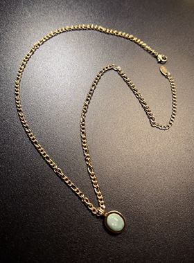 复古天蓝色吊坠原石项链链条18K镀金颈链素金vintage饰品