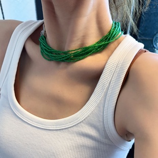 绿色珠珠项链复古重工饰品vintage古着串珠choker领结猫眼石短链