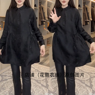 黑色polo领衬衫连衣裙女长袖收腰显瘦遮肉穿搭裙气质名媛小清新潮