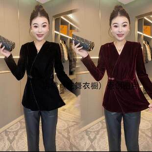 打底衫 百搭V领交叉衬衫 高档洋气金丝绒T恤上衣2024秋冬新款 新中式