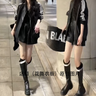 美式复古棒球服套装女秋宽松显瘦黑色两件套高级感外套pu外套短裤