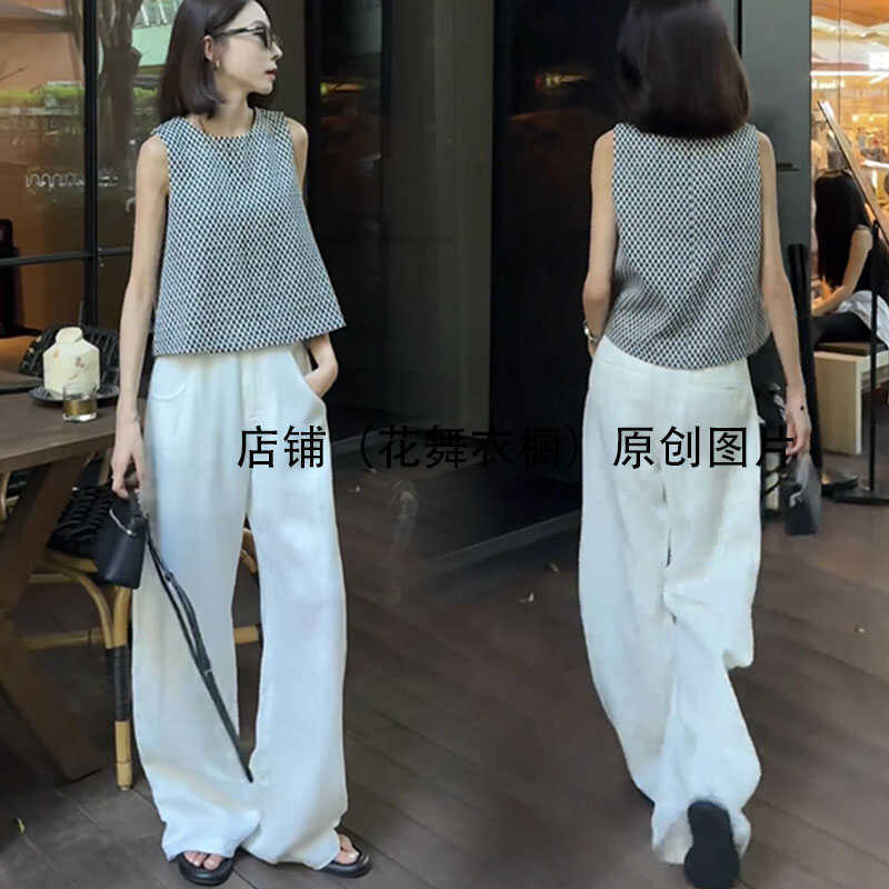 无袖上衣夏季女高级感2024新黑白格子针织背心阔腿裤两件套装显瘦
