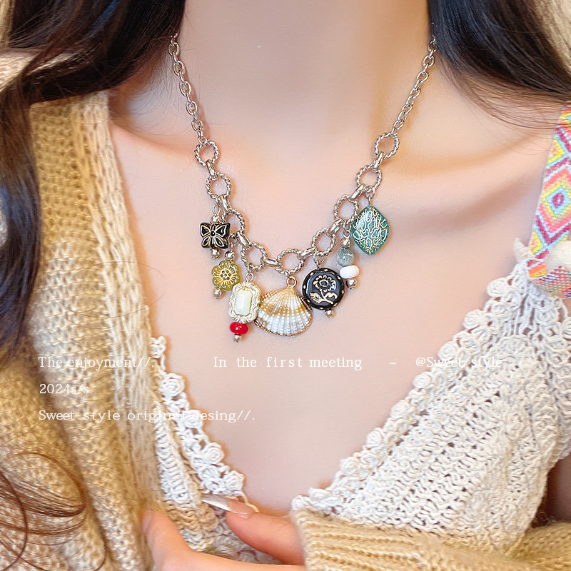 我先夏咯！复古贝壳蝴蝶拼接项链轻奢小众锁骨链个性度假风配饰女