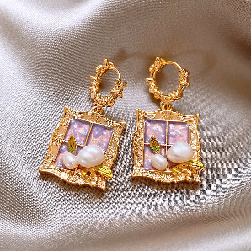 莫奈花园金色耳环紫色油画风耳钉轻奢小众设计高级感独特耳扣耳饰