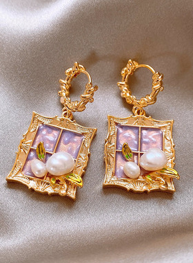 莫奈花园金色耳环紫色油画风耳钉轻奢小众设计高级感独特耳扣耳饰