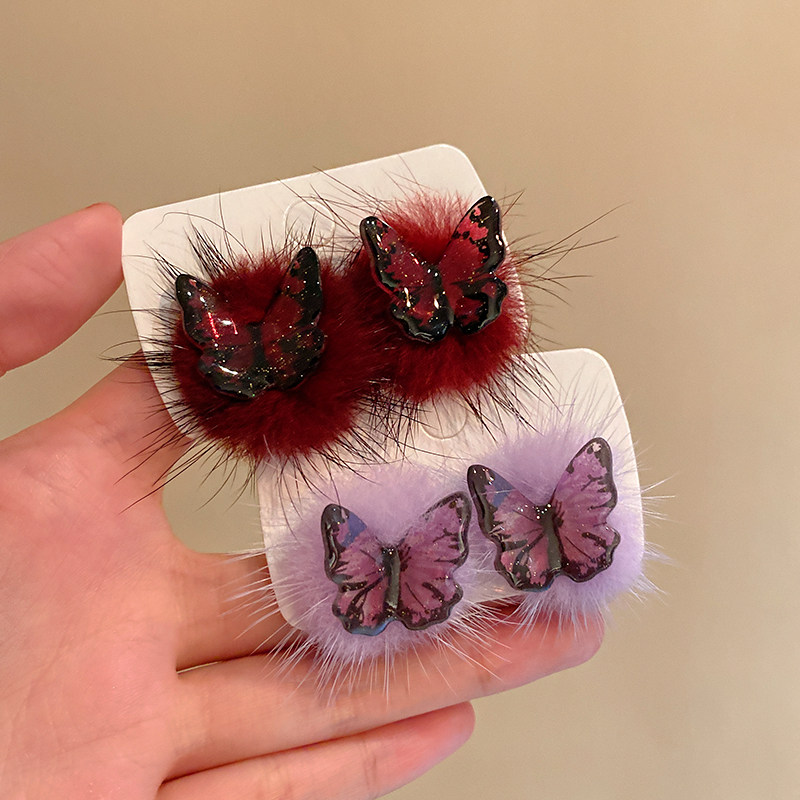 「梦幻紫蝶」纯欲毛绒绒紫色蝴蝶耳钉秋冬新款时尚高级感小众耳饰