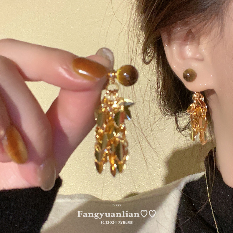吸睛法则 金色流苏虎眼石耳环女轻奢高级感耳钉气质美拉德耳饰