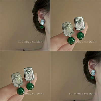 春来江水！仿玛瑙珠竹子耳环！新中式绿色耳钉独特复古耳饰盘发器