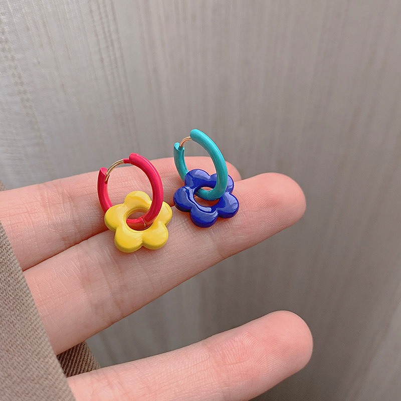 春夏多巴胺撞色小花耳圈女耳环轻奢高级感气质耳钉独特耳饰耳扣
