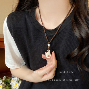 植绒猫咪吊坠编织绳项链配饰女轻奢小众高级感挂脖个性 毛衣链 长款