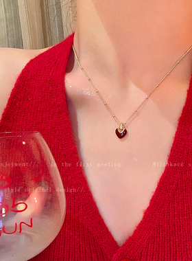 复古安可拉红滴釉爱心毛衣链高级感项链女choker精致颈链锁骨链