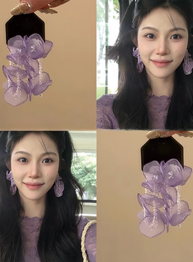 迷离耳语_氛围感绝美紫色花朵耳环长款串珠流苏耳钉度假风盘发器