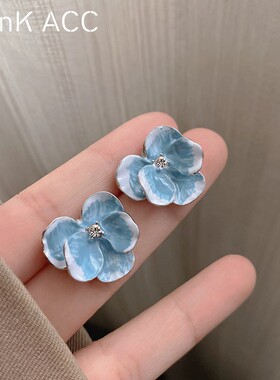 春夏超仙气质小清新立体花朵耳环小众高级感复古蓝色滴釉花朵耳钉