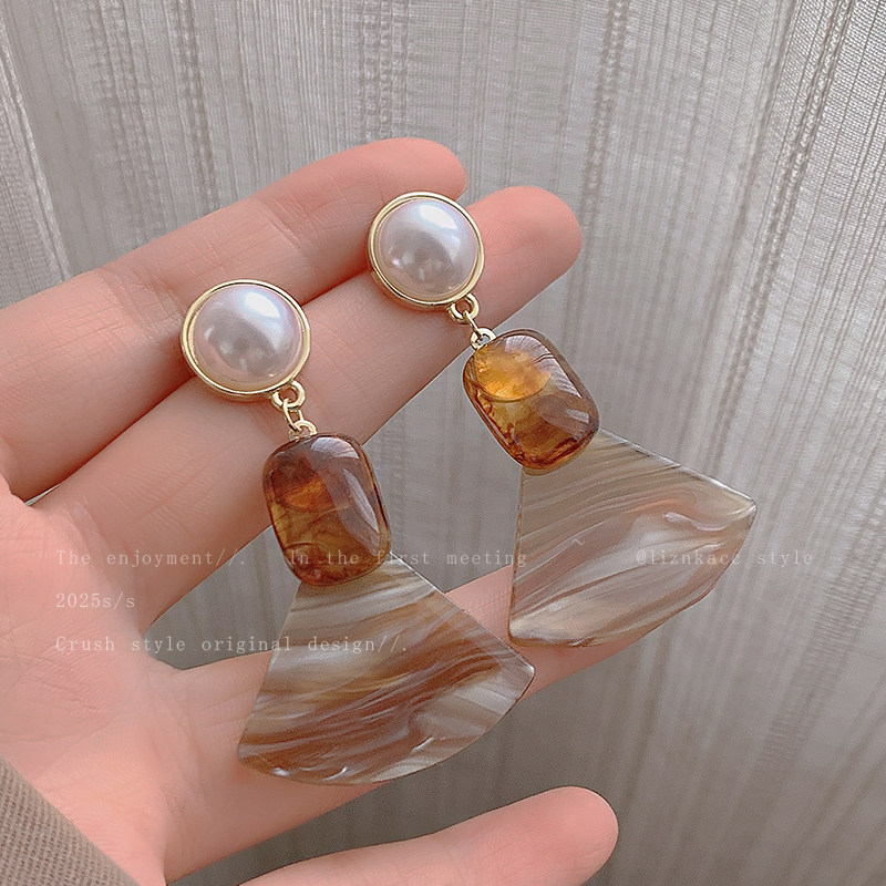 复古咖色晕染扇形耳环女港风小众设计耳钉高级感独特漂亮耳坠耳饰