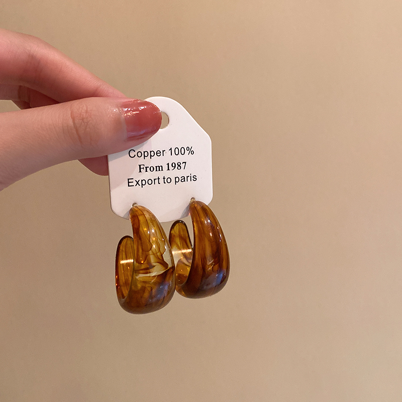 复古美拉德琥珀色C型圈圈耳环女度假风耳钉夸张耳圈耳饰圆圈素圈