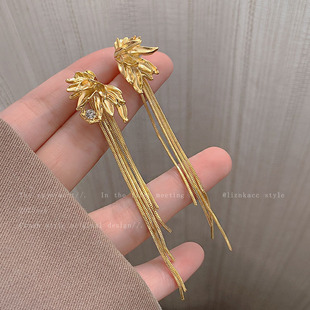 矜贵金属花瓣流苏锆石耳环女小众年会礼服耳饰夸张高级感耳钉配饰