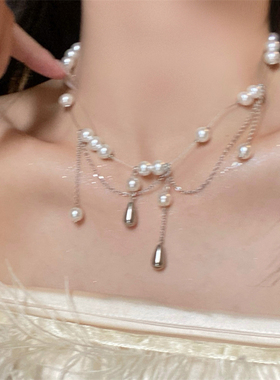 夸张水滴珠珠流苏项链女小众设计轻奢气质法式锁骨链配饰女配裙子