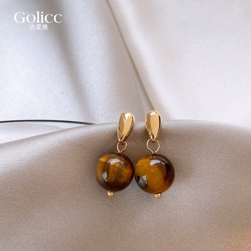 美拉德虎眼石圆球耳钉女2025新款爆款耳饰轻奢高级感气质大气耳环