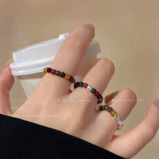 碧玺珍珠串珠戒指女款小众设计轻奢高级感食指戒复古叠戴装饰指环