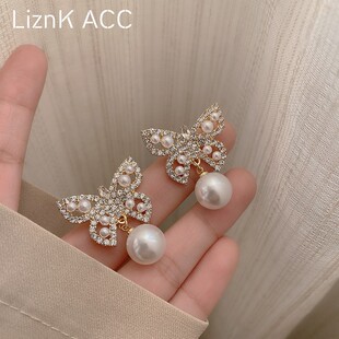 潮小众设计感高级耳钉女夏季 个性 满钻蝴蝶珍珠耳环2022年新款